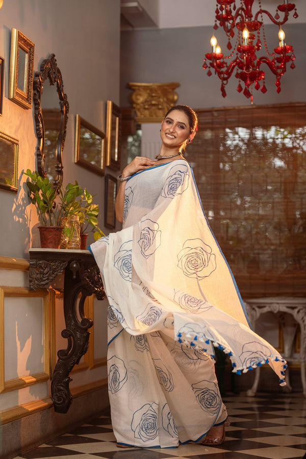 Very Much Indian Mastaani - Pure Mul Cotton Handloom Saree with Beautiful Rose Prints - Blue - Distacart