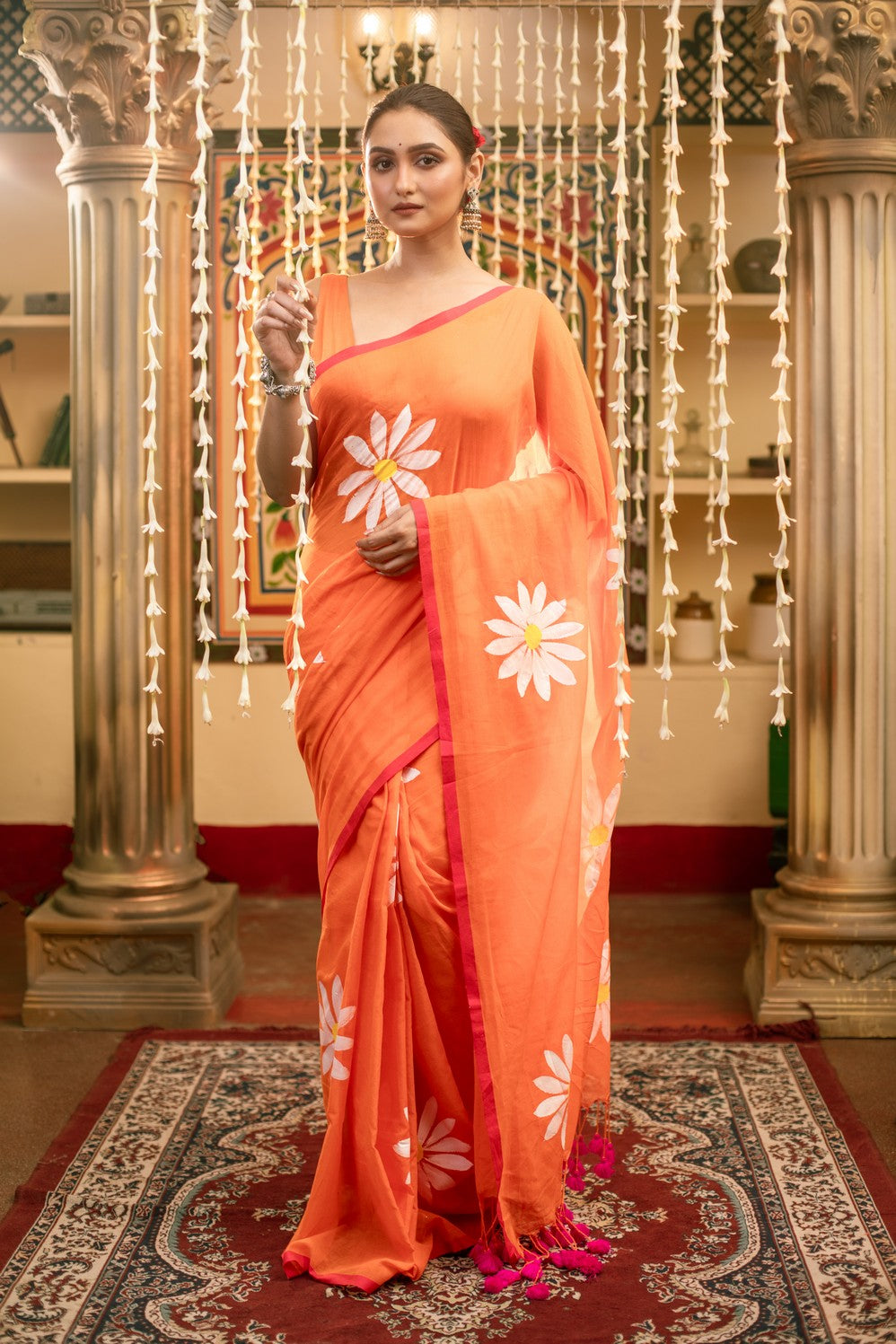 Very Much Indian Mastaani - Pure Mul Cotton Handloom Saree with Beautiful Floral Handpaint - Orange - Distacart