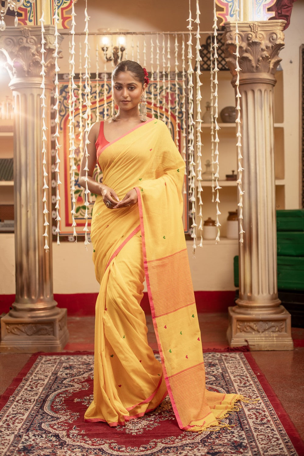 Very Much Indian Mastaani - Pure Mul Jamdhani Cotton Handloom Saree with Beautiful Heart Weaves - Yellow - Distacart