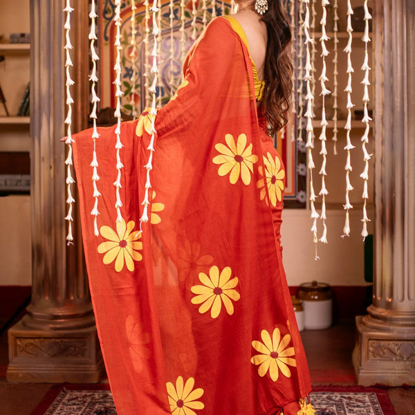 Very Much Indian Mastaani - Pure Mul Cotton Handloom Saree with Beautiful Floral Handpaint - Red - Distacart