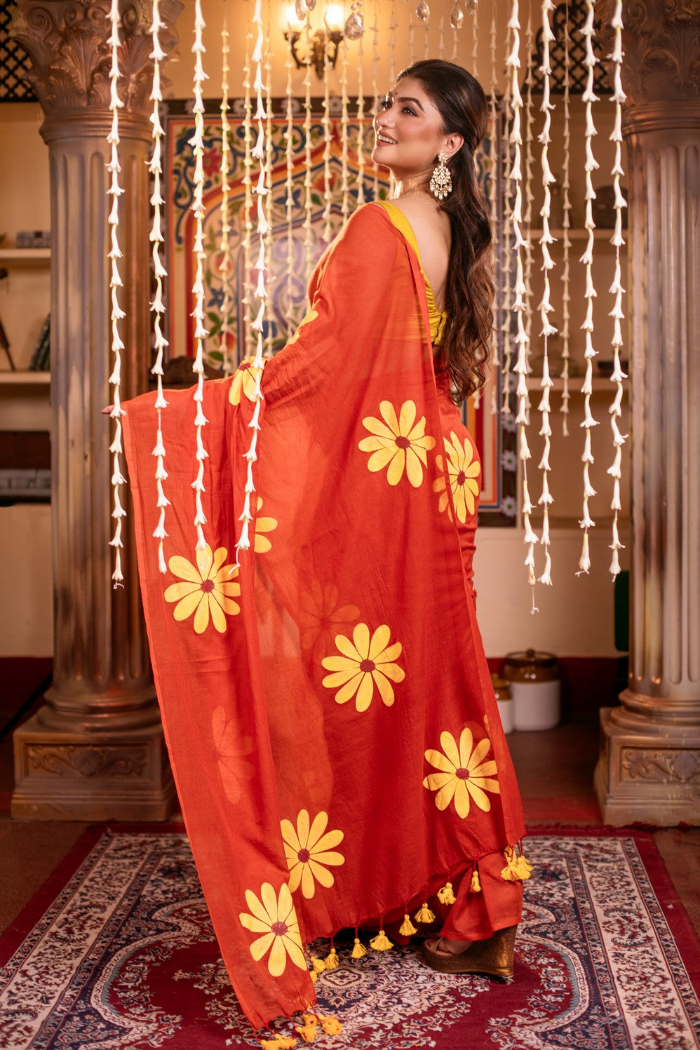 Very Much Indian Mastaani - Pure Mul Cotton Handloom Saree with Beautiful Floral Handpaint - Red - Distacart