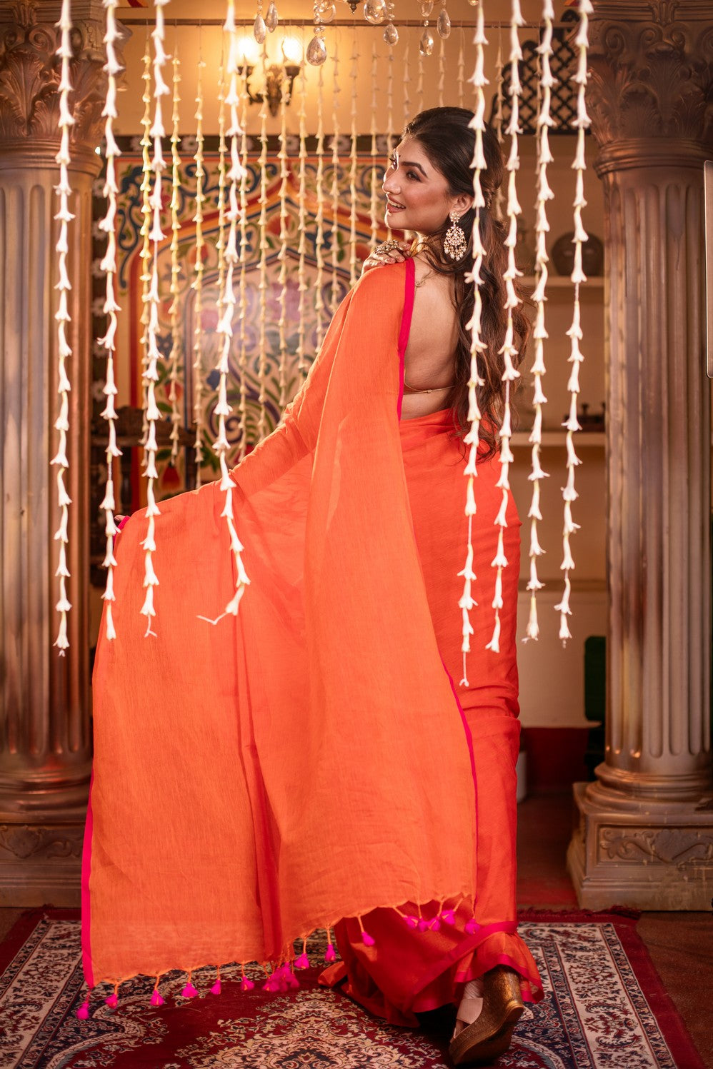 Very Much Indian Mastaani - Pure Mul Cotton Handloom Saree - Saphire Orange - Distacart