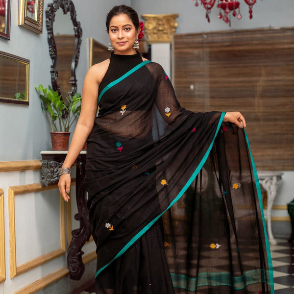 Very Much Indian Mastaani - Pure Mul Cotton Handloom Saree with Beautiful Floral Weaves - Black - Distacart