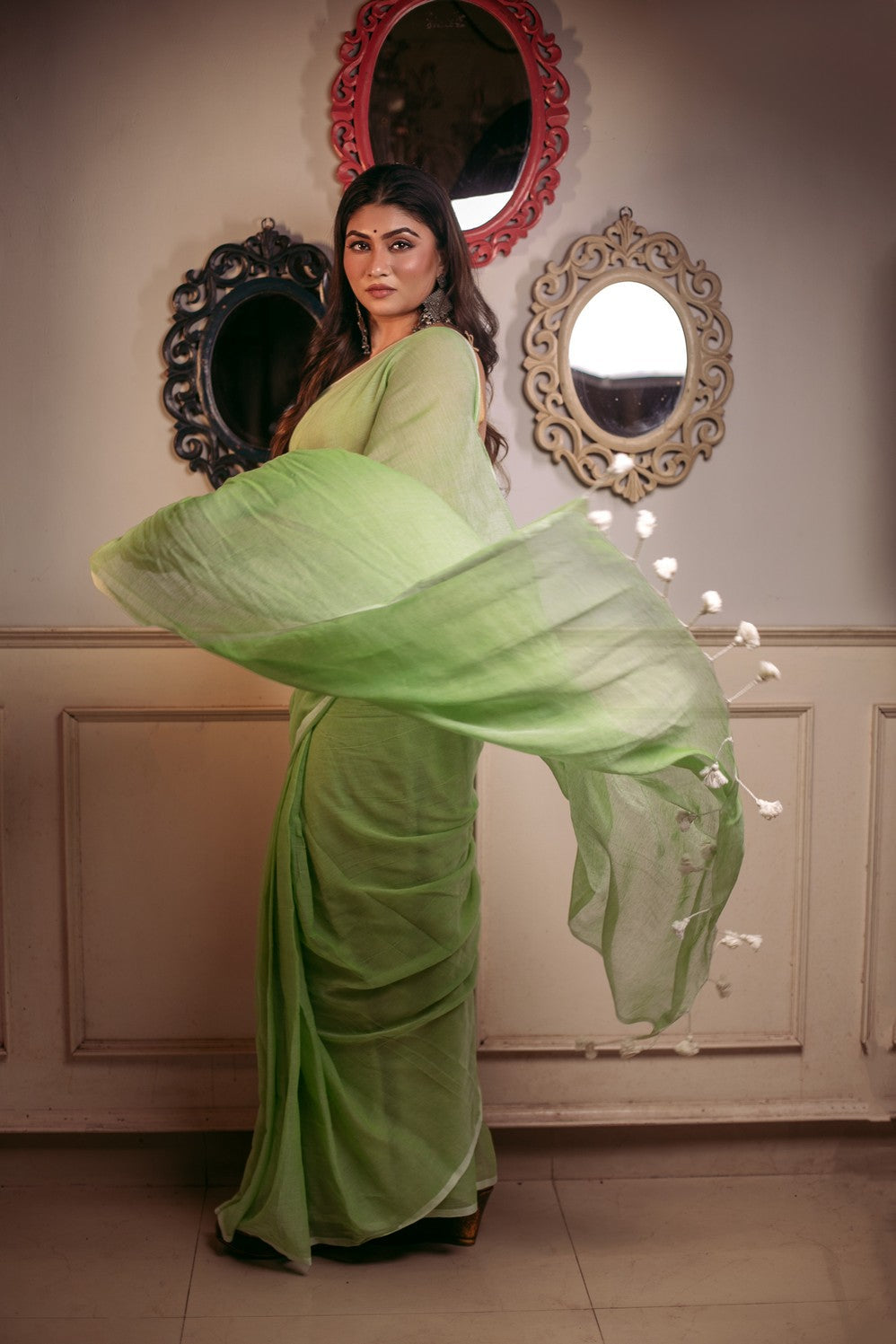 Very Much Indian Mastaani - Pure Mul Cotton Handloom Saree - Sage Green - Distacart