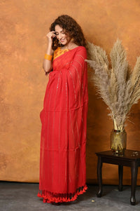 Thumbnail for Very Much Indian Pure Mul Cotton Handloom Saree - Red - Distacart