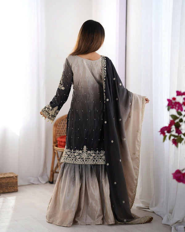 Joban Fashion Black Palazzo Chinon silk Coding Dori with Sequence with Rivet Moti