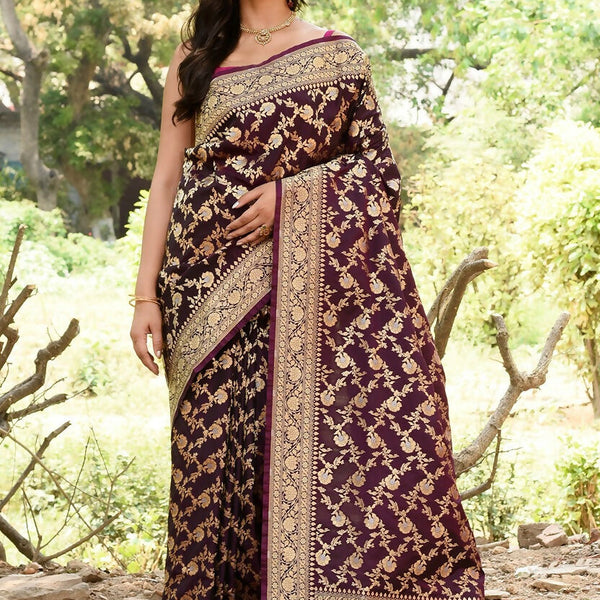 Joban Fashion Plum Purple Banarasi Soft Pure Handloom Banarasi Silk Saree