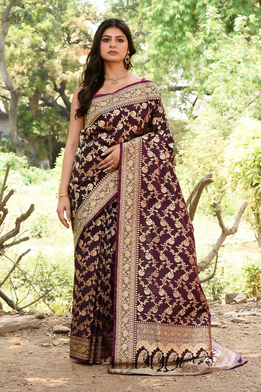 Joban Fashion Plum Purple Banarasi Soft Pure Handloom Banarasi Silk Saree - Dista