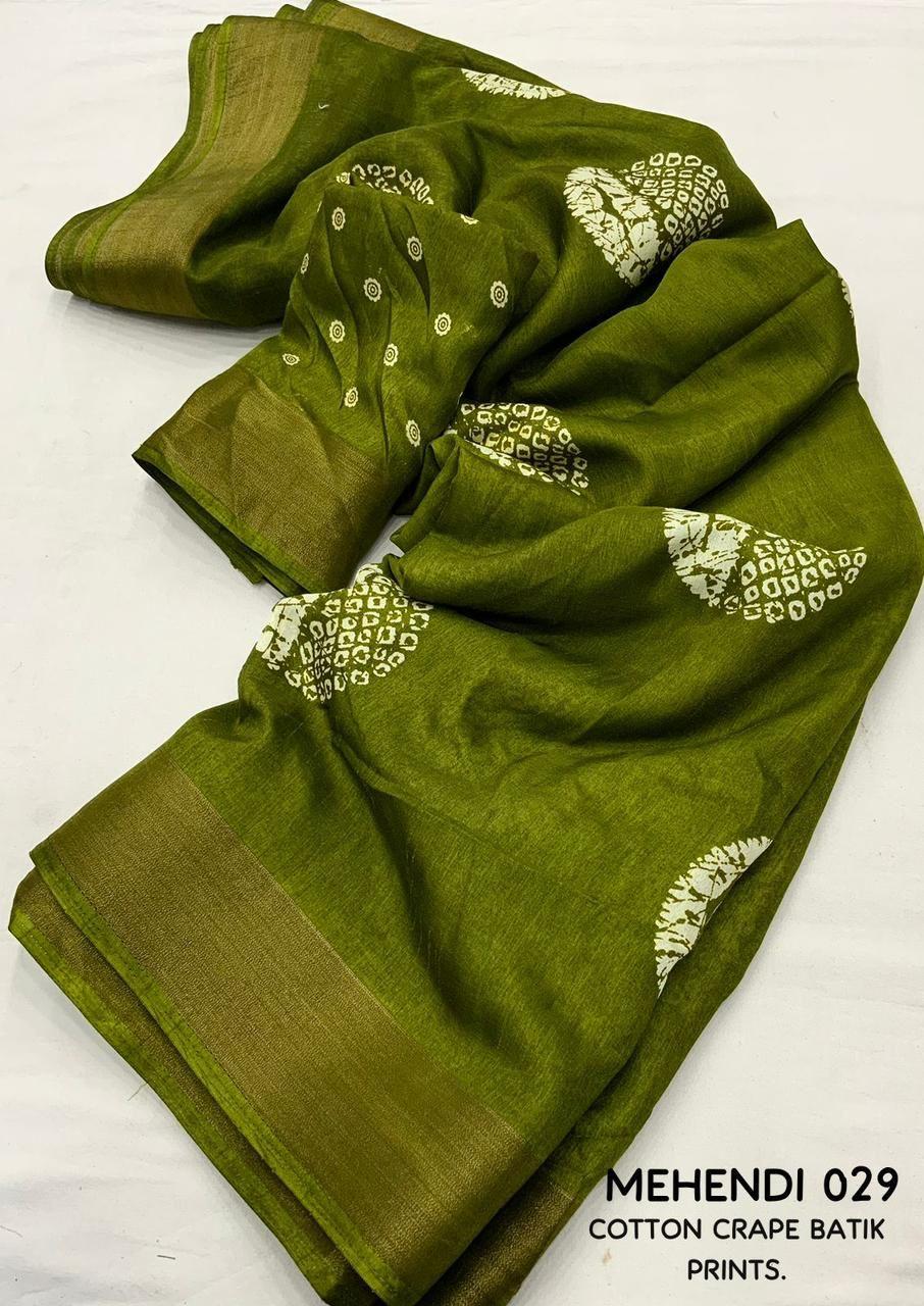 Mehndi Cotton Crepe Batik Print Saree with Unstitched Blouse - Hiral Fashion - Distacart
