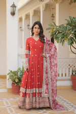Thumbnail for Jyoti Fashion Women's Orange Faux Georgette Sequins Zari Embroideredy Anarkali Dress with Dupatta - Distacart
