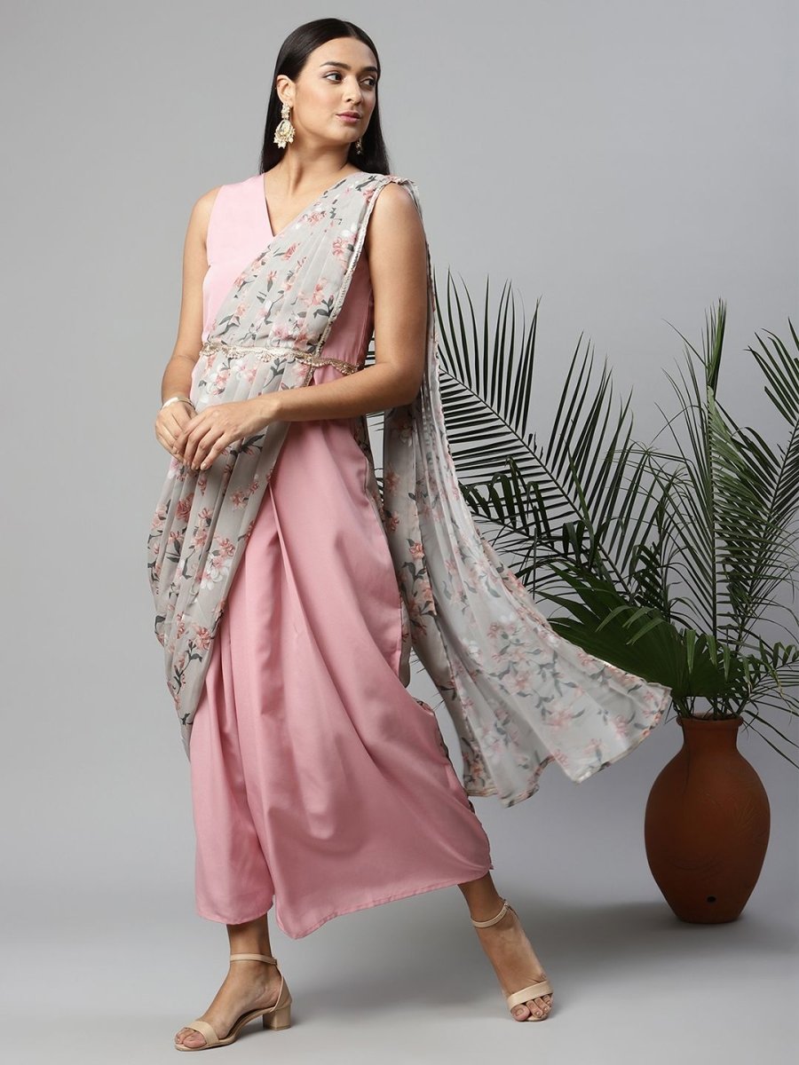 Ahalyaa Women Baby Pink Crepe Georgette Saree Dress With Printed Pallu - Distacart