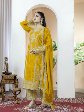 Teeya Creation Yellow Color Chinnon Silk Embroidery Work Fully Stitched Salwar Suit