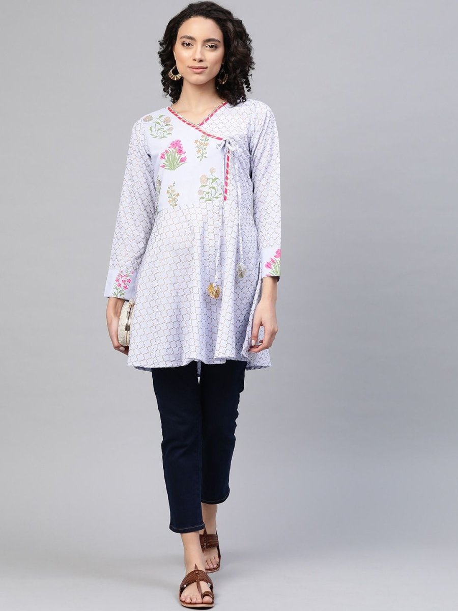 Ahalyaa Women Blue Crepe Pink & Gold Ethnic Print Angrakha Tunic