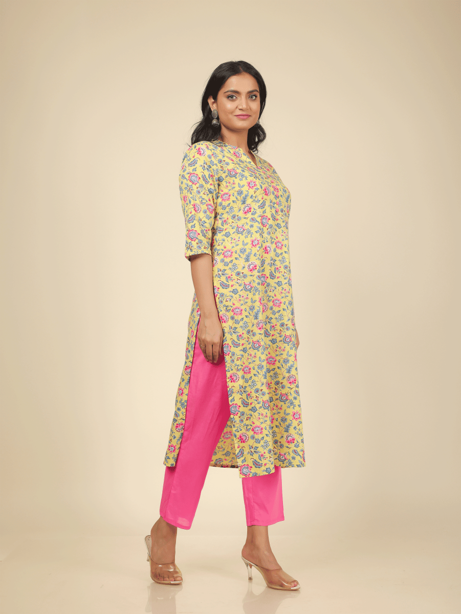Aramya Straight Soft Cotton Floral Print Women's Kurta - Yellow - Distacart