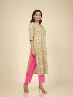 Thumbnail for Aramya Straight Soft Cotton Floral Print Women's Kurta - Yellow - Distacart