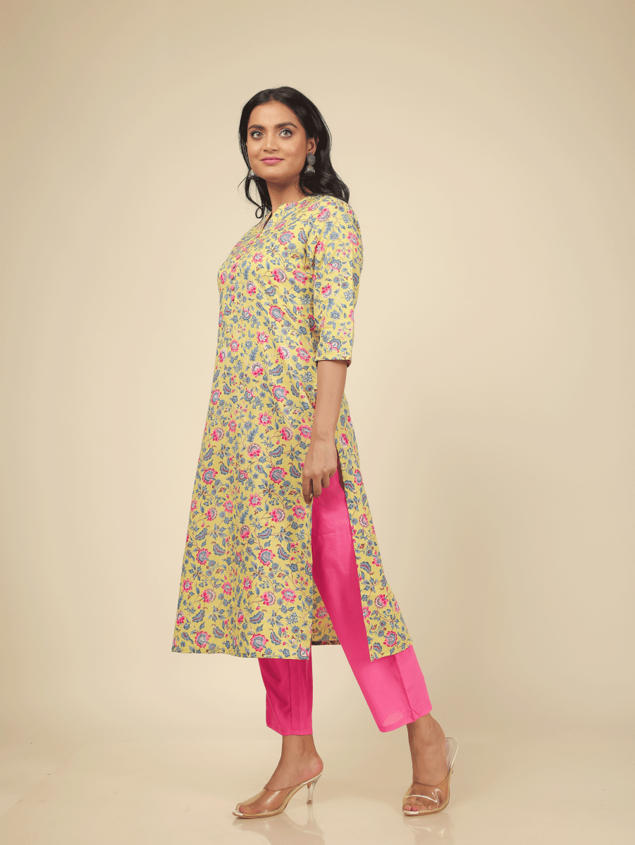 Aramya Straight Soft Cotton Floral Print Women's Kurta Set - Yellow - Distacart