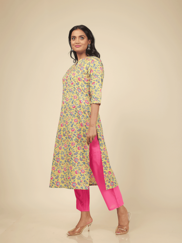 Aramya Straight Soft Cotton Floral Print Women's Kurta - Yellow - Distacart