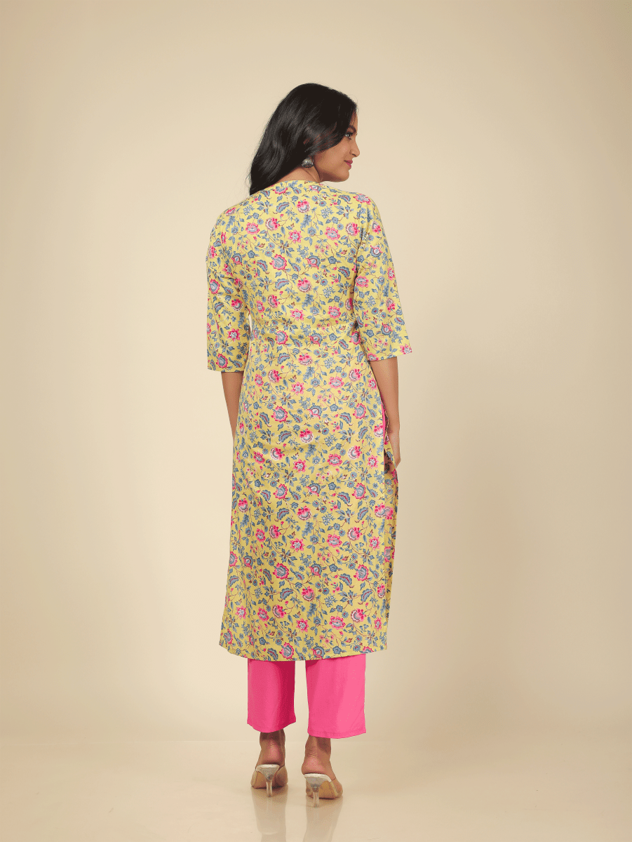 Aramya Straight Soft Cotton Floral Print Women's Kurta Set - Yellow - Distacart