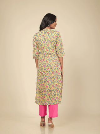 Aramya Straight Soft Cotton Floral Print Women's Kurta - Yellow - Distacart