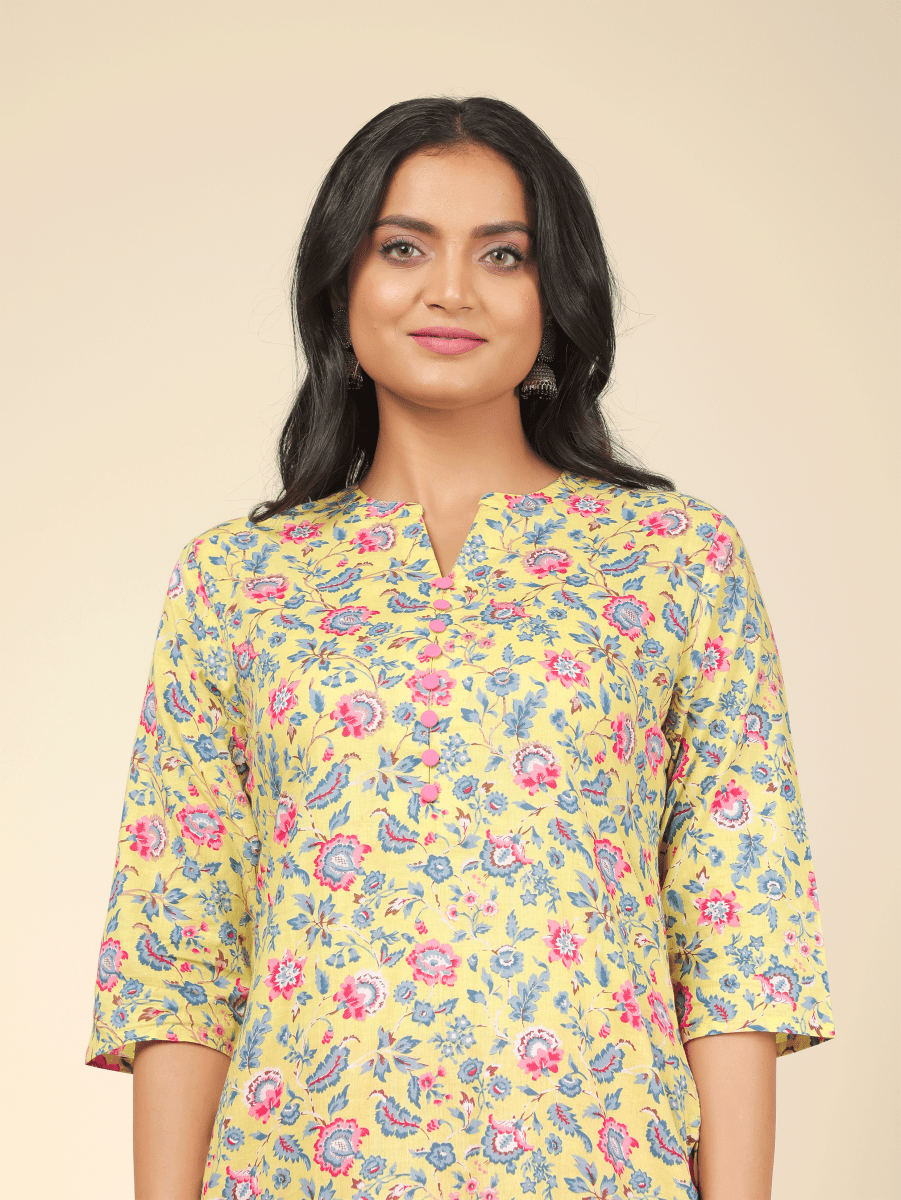 Aramya Straight Soft Cotton Floral Print Women's Kurta - Yellow - Distacart