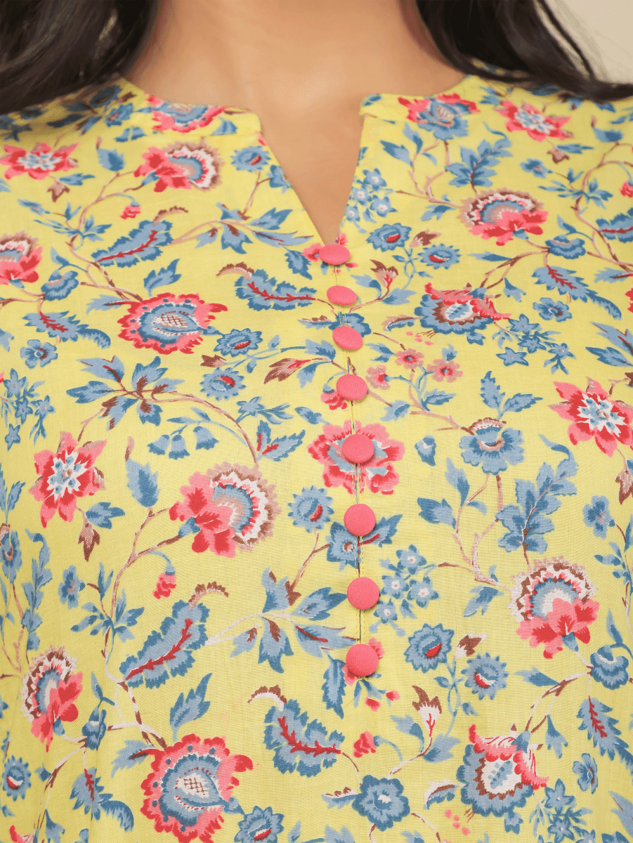 Aramya Straight Soft Cotton Floral Print Women's Kurta - Yellow - Distacart