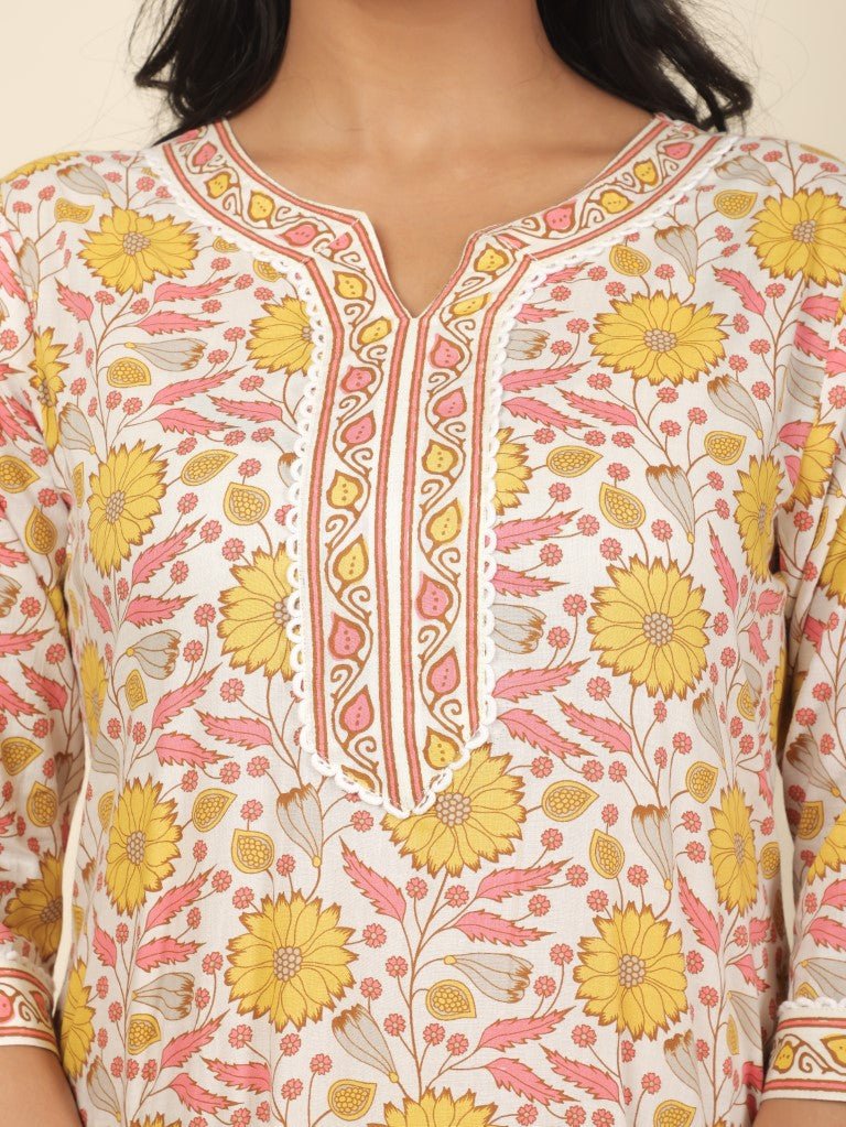 Aramya Straight Soft Cotton Floral Print Women's Kurta - Off White - Distacart
