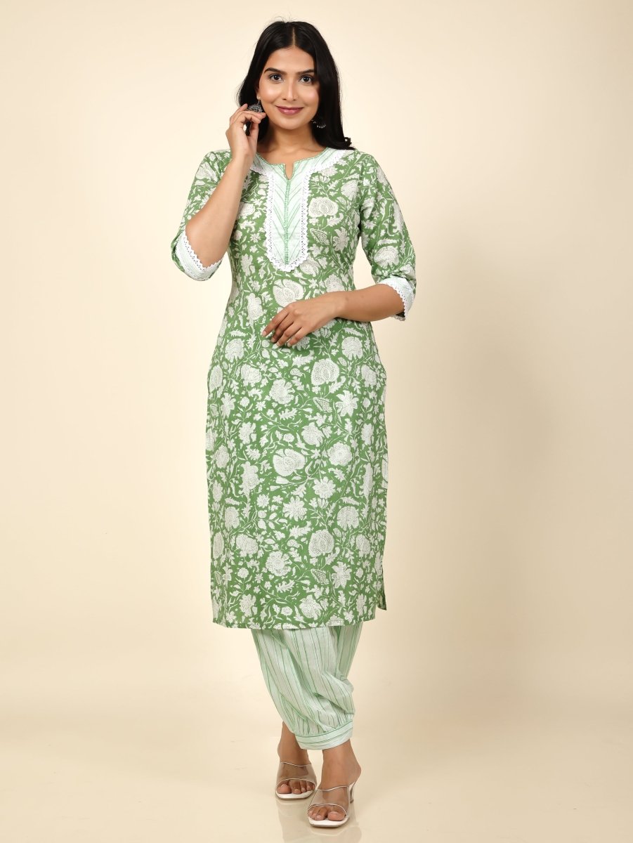 Aramya Straight Soft Cotton Floral Print Women's Kurta Set - Green - Distacart