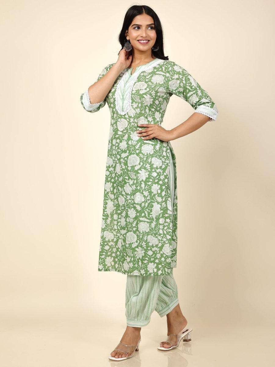 Aramya Straight Soft Cotton Floral Print Women's Kurta Set - Green - Distacart