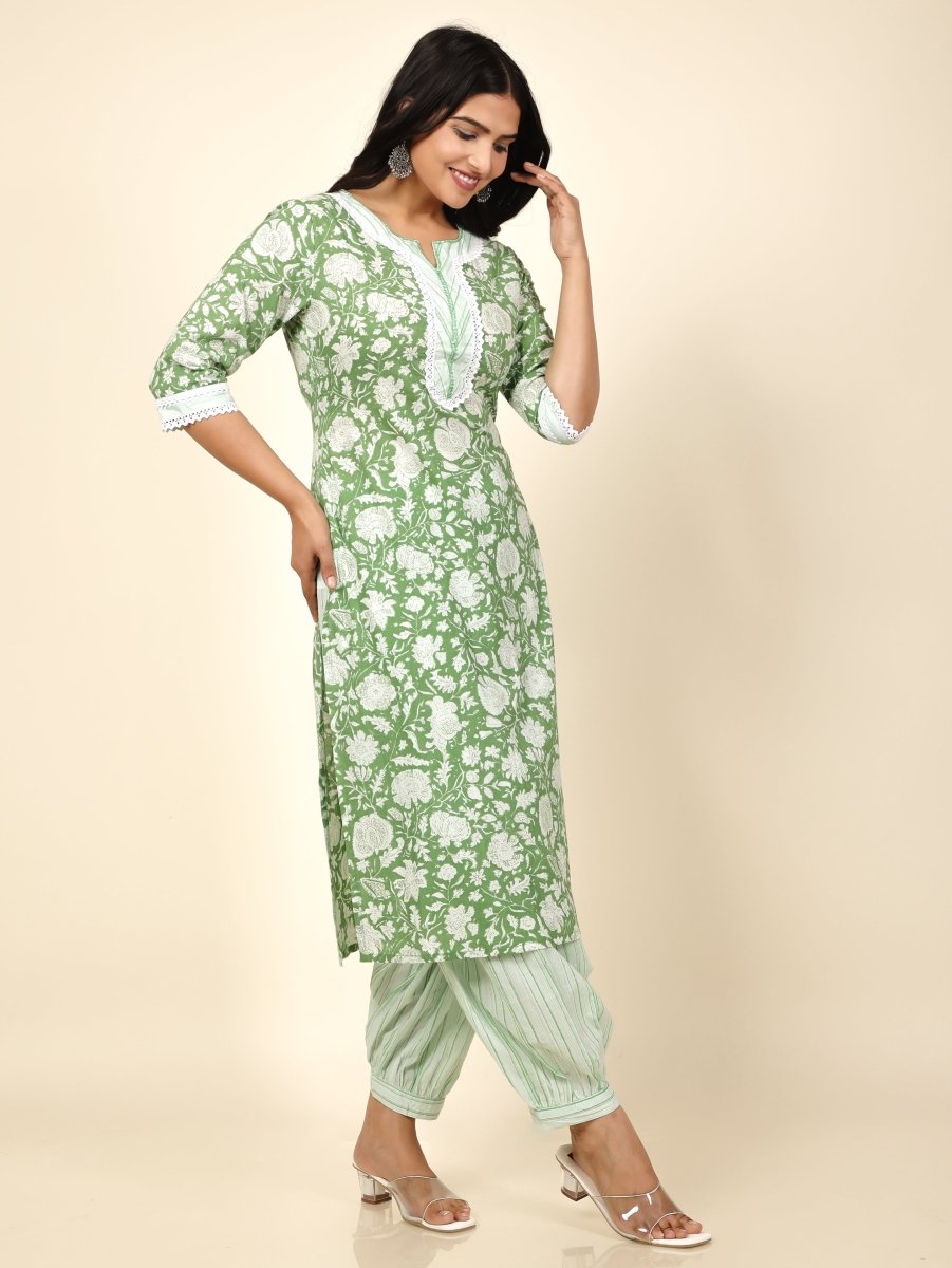 Aramya Straight Soft Cotton Floral Print Women's Kurta - Green - Distacart