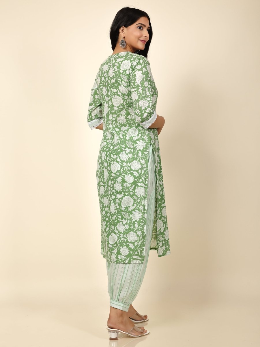 Aramya Straight Soft Cotton Floral Print Women's Kurta Set - Green - Distacart