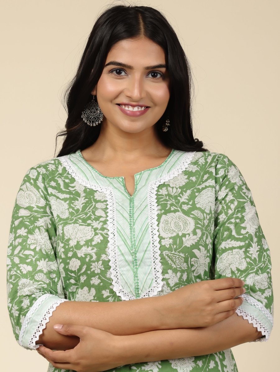 Aramya Straight Soft Cotton Floral Print Women's Kurta - Green - Distacart