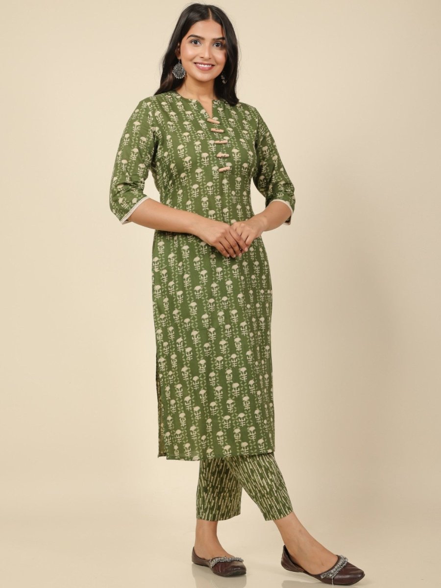Aramya Straight Soft Cotton Floral Print Women's Kurta Set - Green - Distacart