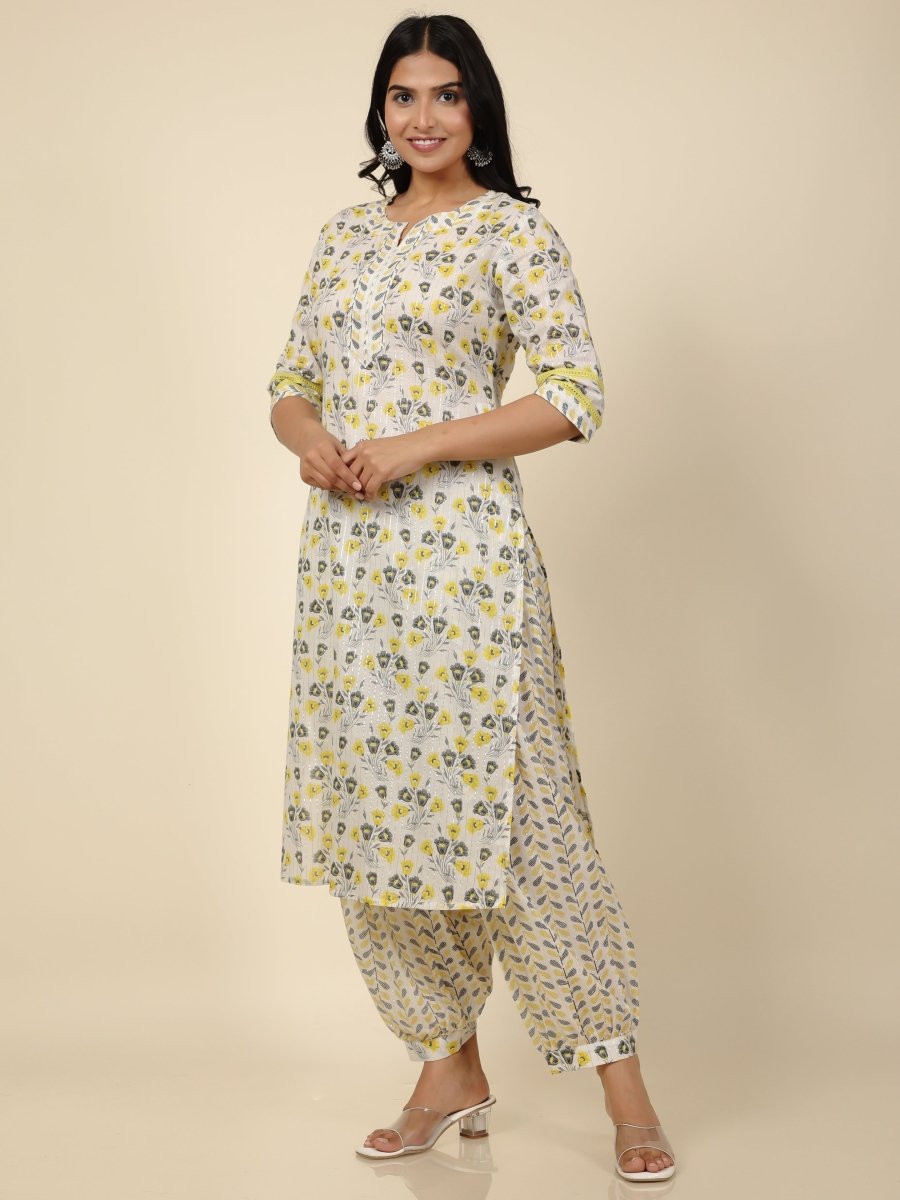 Aramya Straight Soft Cotton Floral Print Women's Kurta Set - Off White - Distacart
