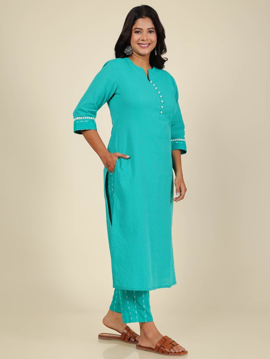Aramya Straight Kantha Cotton Woven Design Print Women's Kurta - Turquoise - Distacart