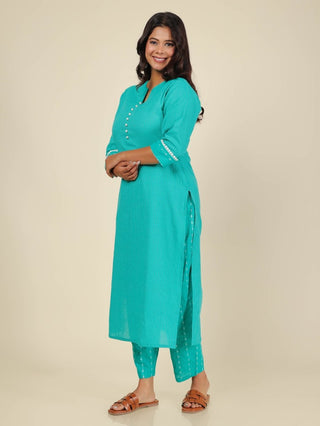 Aramya Straight Kantha Cotton Woven Design Print Women's Kurta - Turquoise