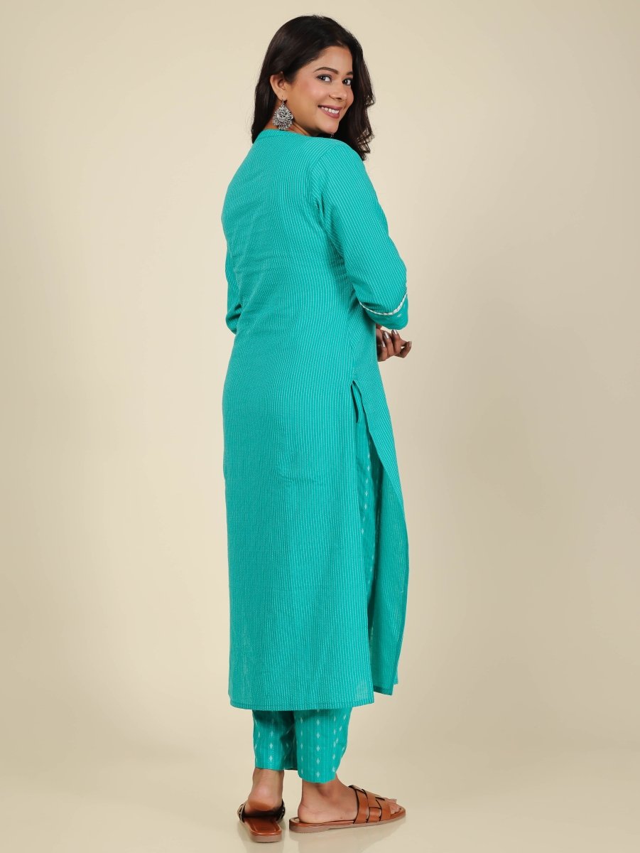 Aramya Straight Kantha Cotton Woven Design Print Women's Kurta - Turquoise - Distacart