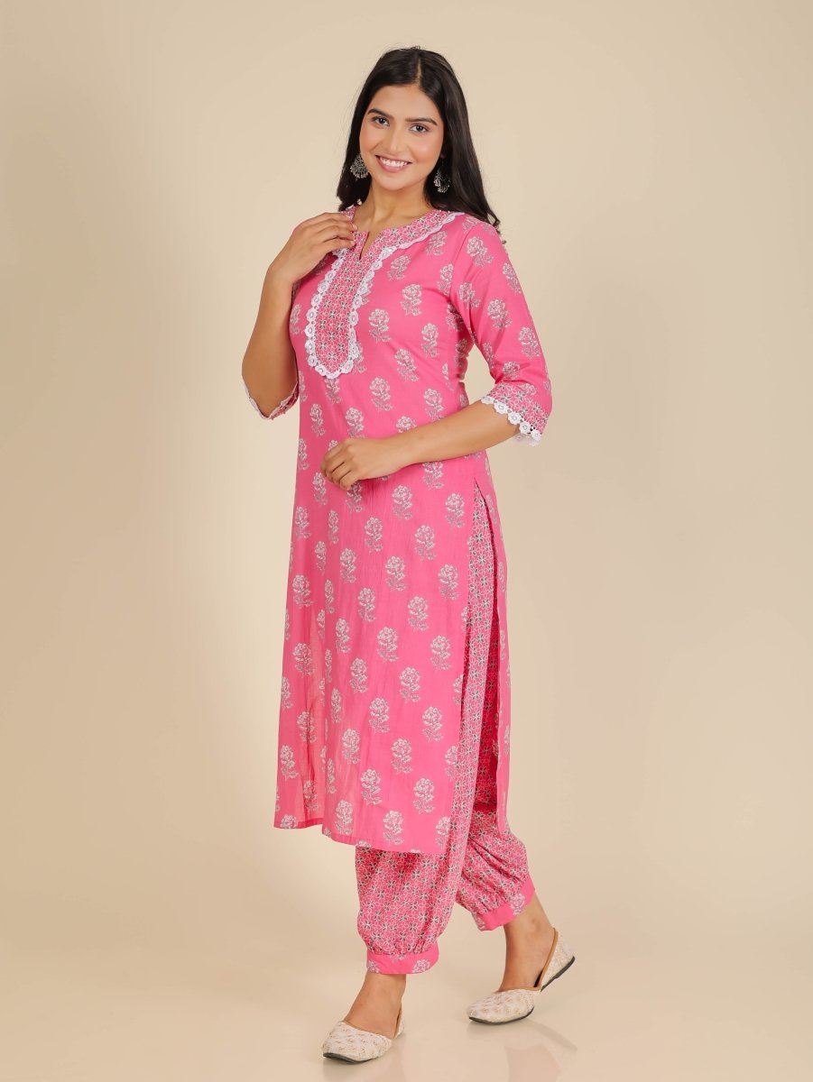 Aramya Straight Soft Cotton Floral Print Women's Kurta Set - Pink - Distacart