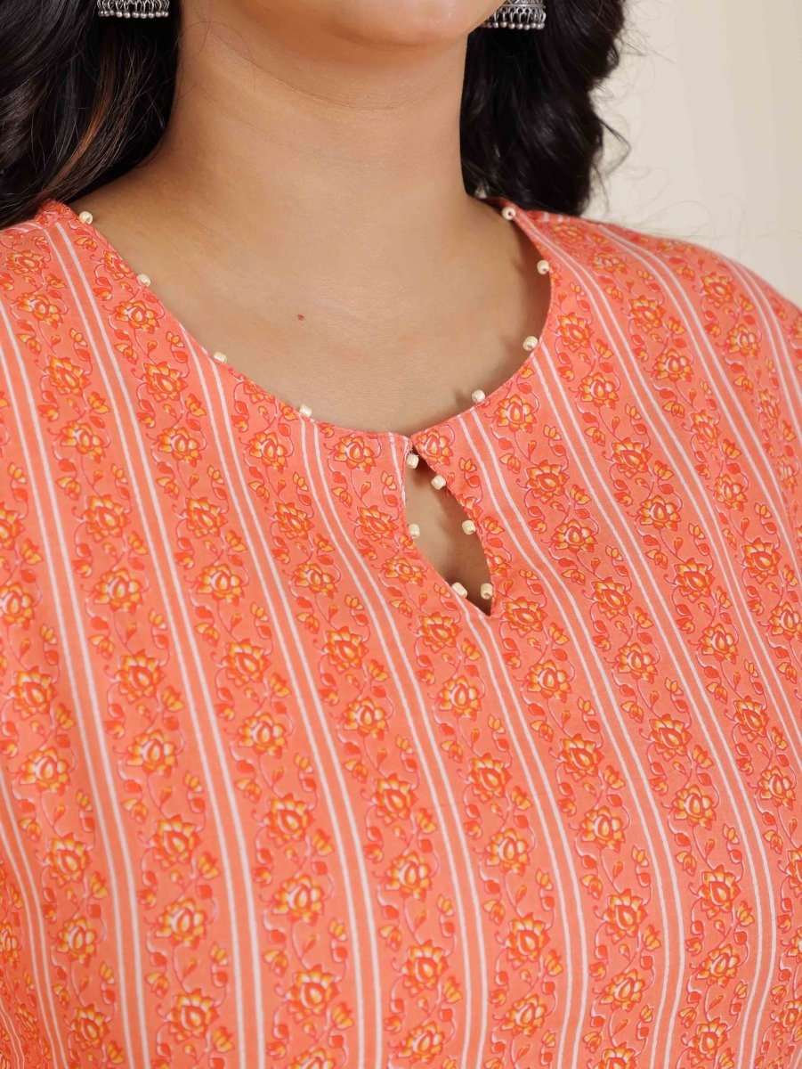Aramya Straight Soft Cotton Striped Print Women's Kurta Set - Orange - Distacart