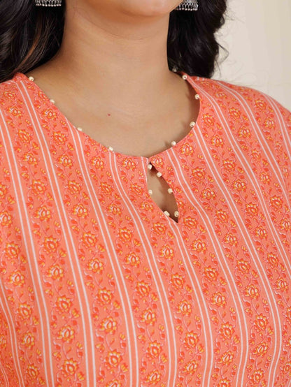 Aramya Straight Soft Cotton Striped Print Women's Kurta Set - Orange - Distacart