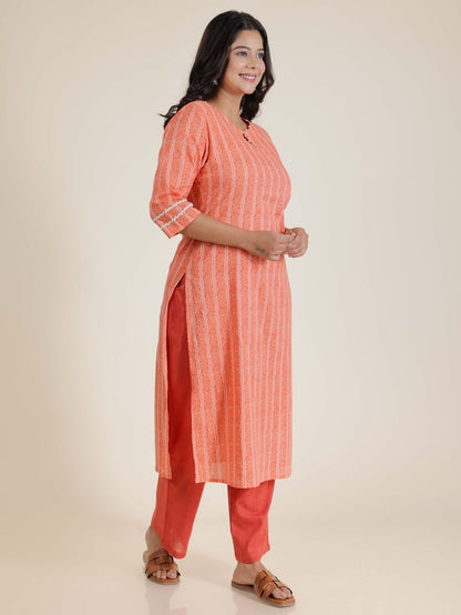 Aramya Straight Soft Cotton Striped Print Women's Kurta Set - Orange - Distacart