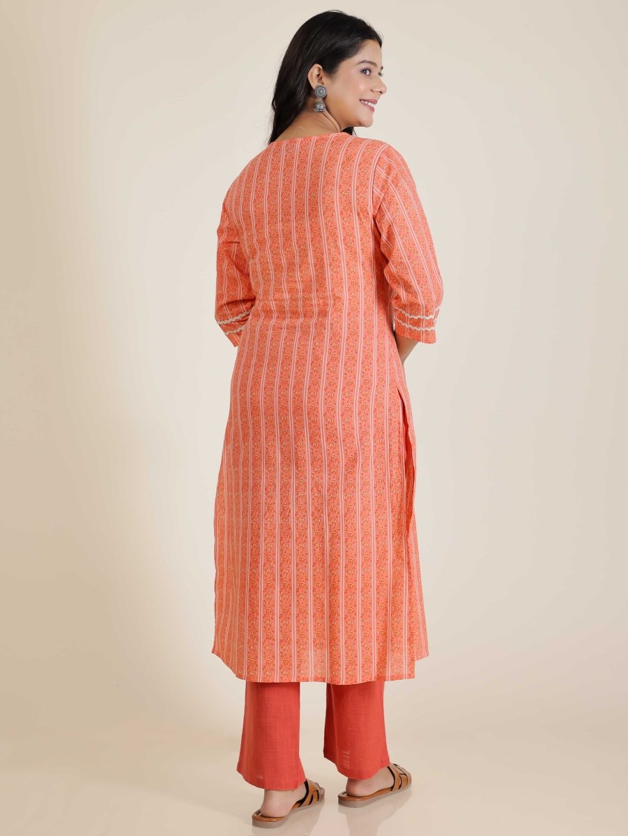 Aramya Straight Soft Cotton Striped Print Women's Kurta Set - Orange - Distacart