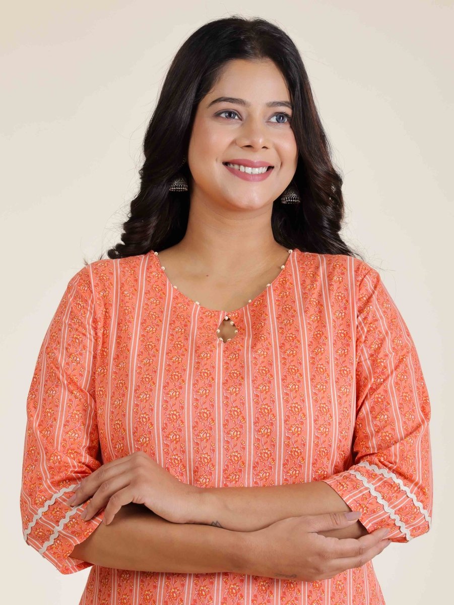 Aramya Straight Soft Cotton Striped Print Women's Kurta Set - Orange - Distacart