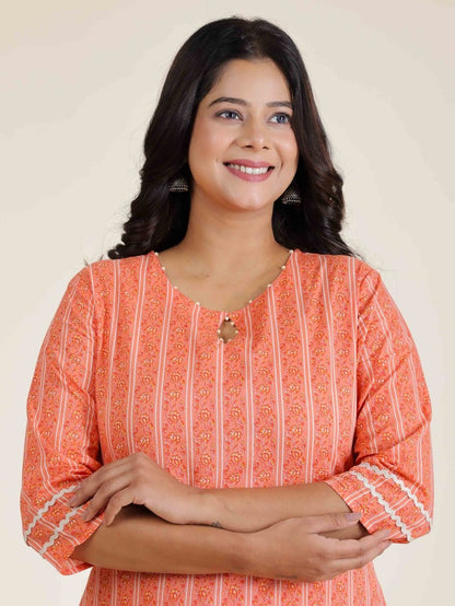 Aramya Straight Soft Cotton Striped Print Women's Kurta Set - Orange - Distacart