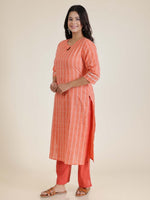 Thumbnail for Aramya Straight Soft Cotton Striped Print Women's Kurta - Orange - Distacart