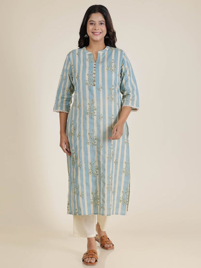 Aramya Straight Linen Cotton Striped Print Women's Kurta Set - Blue - Distacart