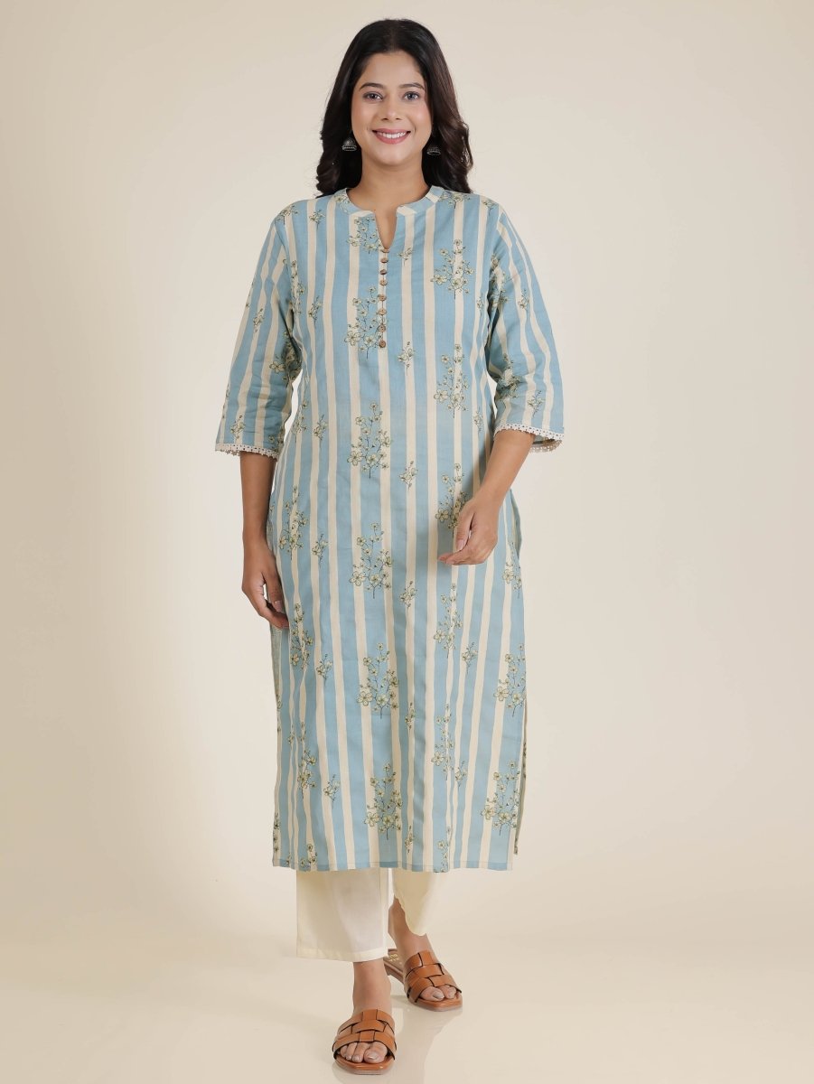 Aramya Straight Linen Cotton Striped Print Women's Kurta - Blue - Distacart