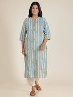 Thumbnail for Aramya Straight Linen Cotton Striped Print Women's Kurta - Blue - Distacart