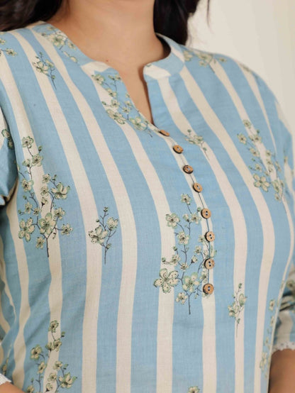 Aramya Straight Linen Cotton Striped Print Women's Kurta Set - Blue - Distacart
