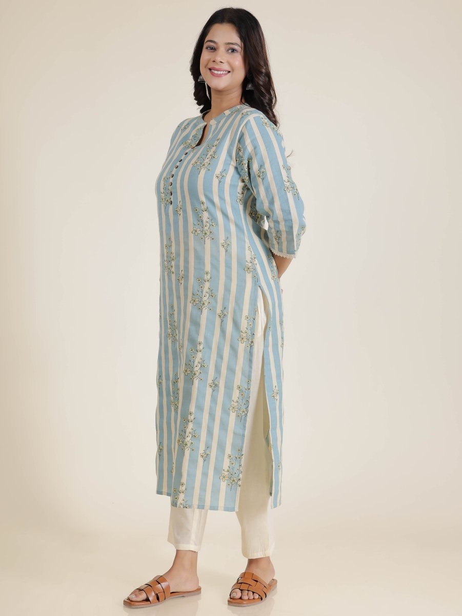 Aramya Straight Linen Cotton Striped Print Women's Kurta Set - Blue - Distacart