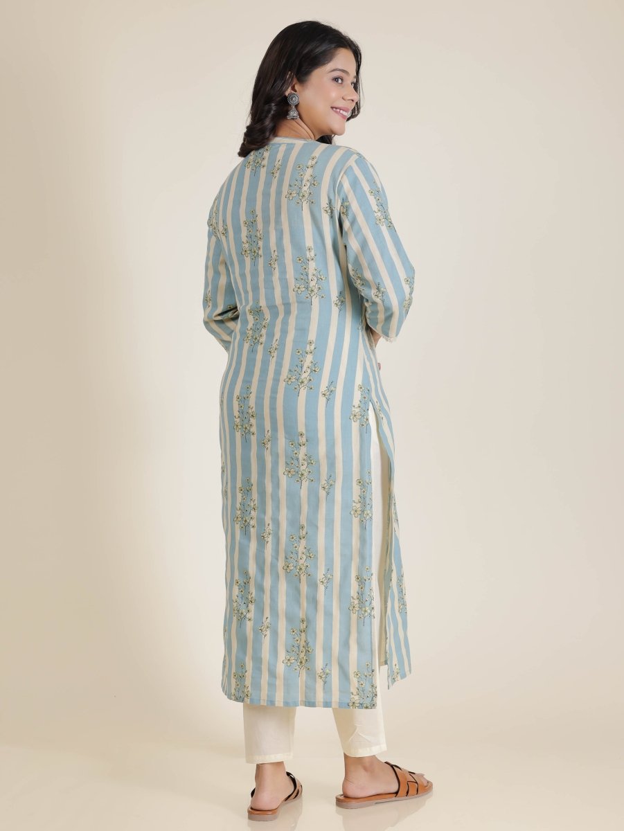 Aramya Straight Linen Cotton Striped Print Women's Kurta Set - Blue - Distacart